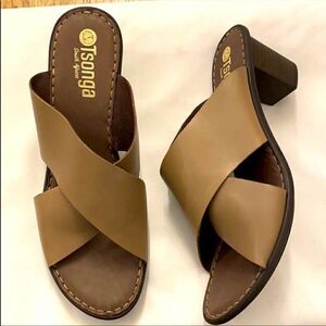TSONGA DARK BEIGE MULES.  CRISS CROSS STYL…